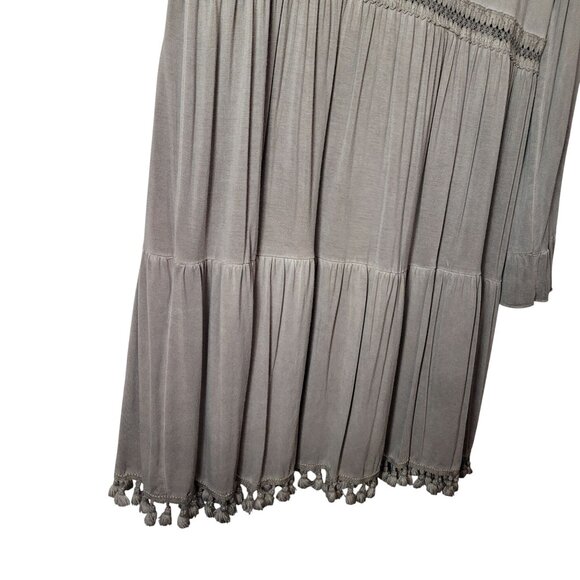 POL Olive Green Gray Boho Long Sleeve Tiered Dress With Pom Pom Trim Hem - Picture 6 of 12